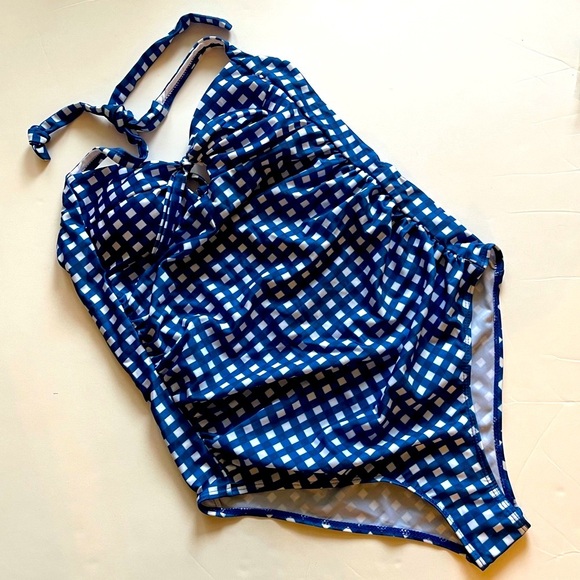 Womens Sexy One Piece Swimsuit Tie Back Blue Checkered Gingham Bikini Swimwear - Picture 1 of 7